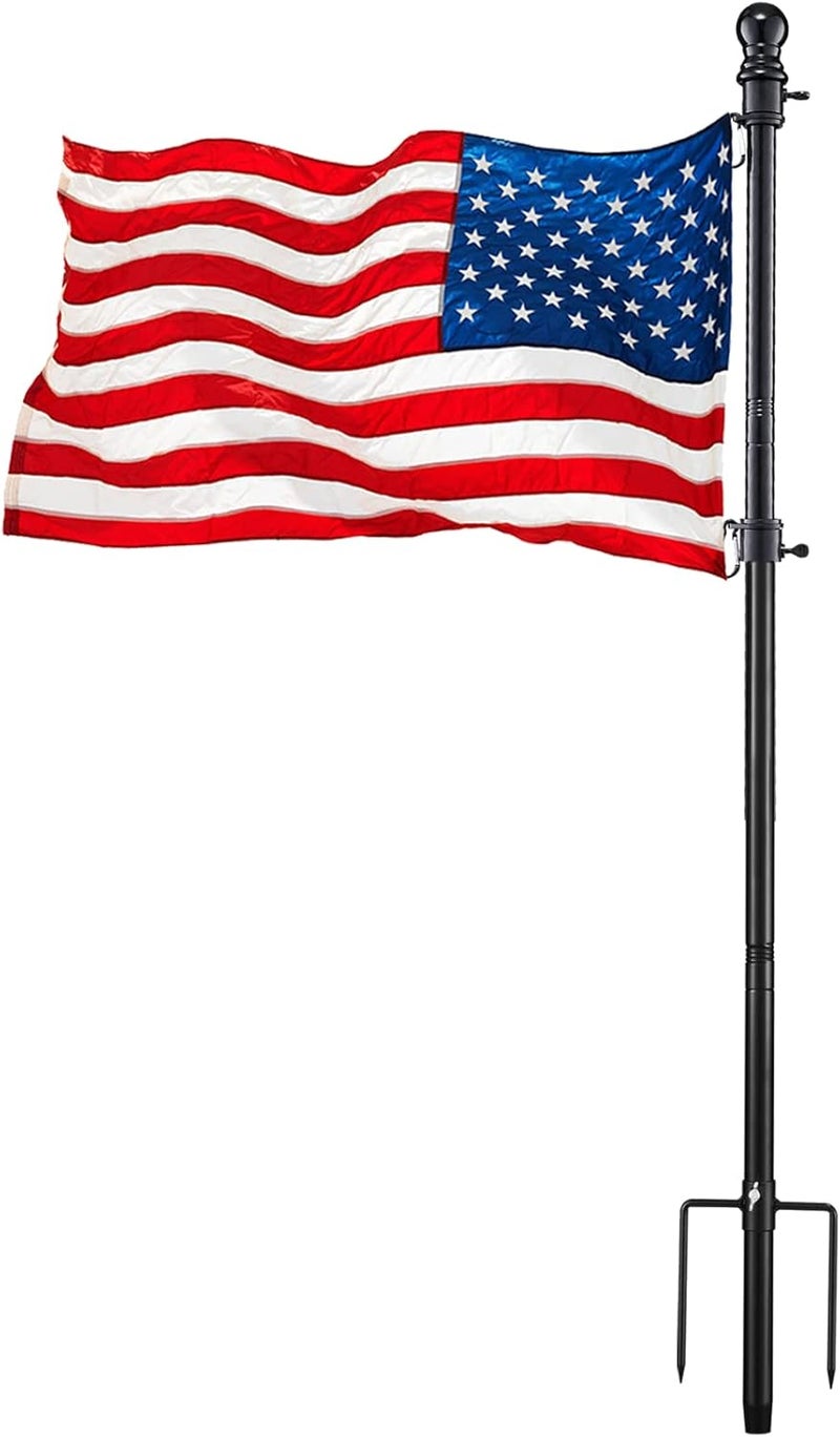 DonSail Black Flag Poles for Outside - 8.5FT Metal Outdoor Yard Flag Pole Holder with 2 Prongs Base - 3x5FT American Flag with Pole - Image 1